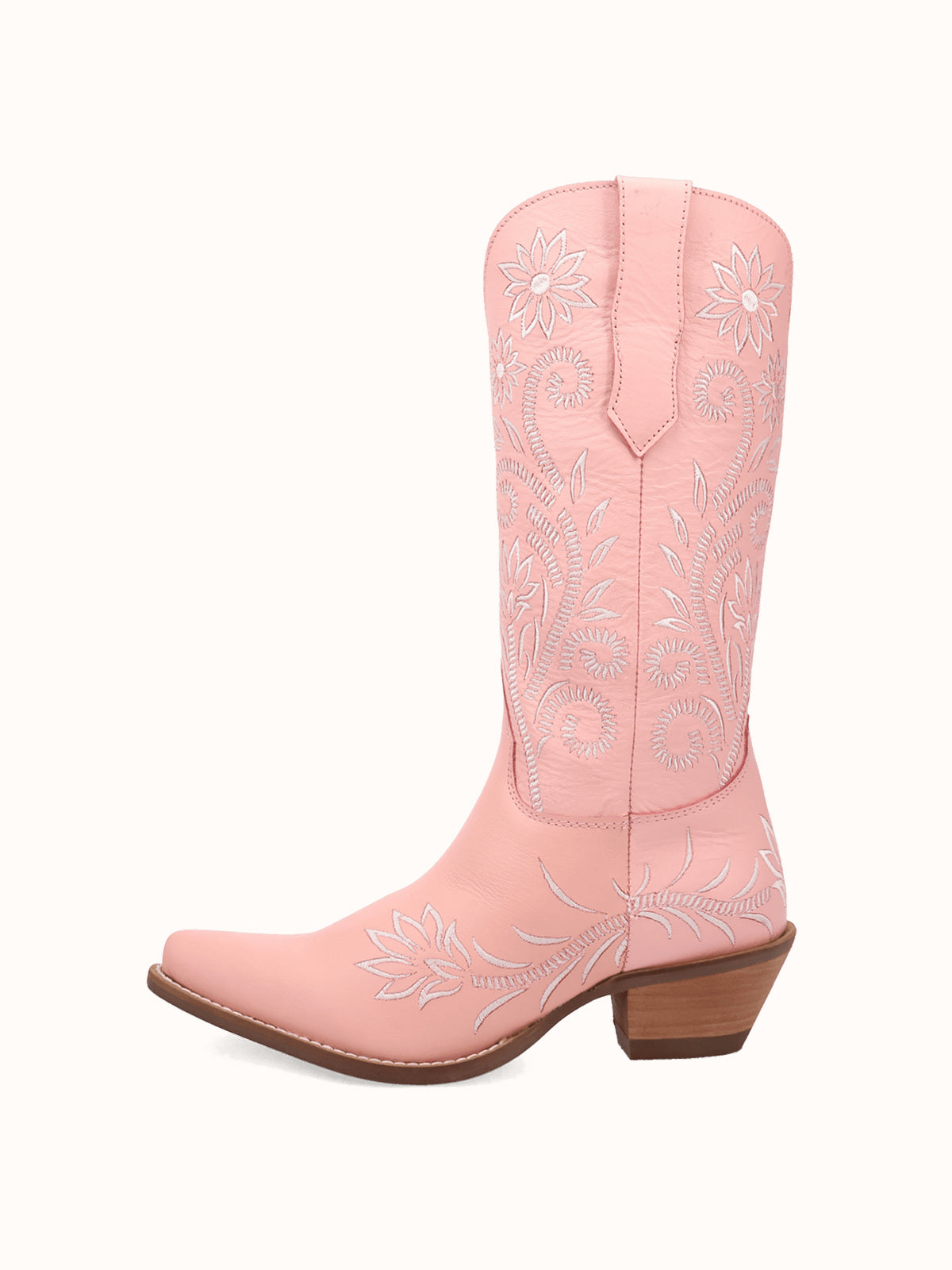 Pink Snip-Toe White Flowers Embroidery Chic Mid Calf Cowgirl Boots