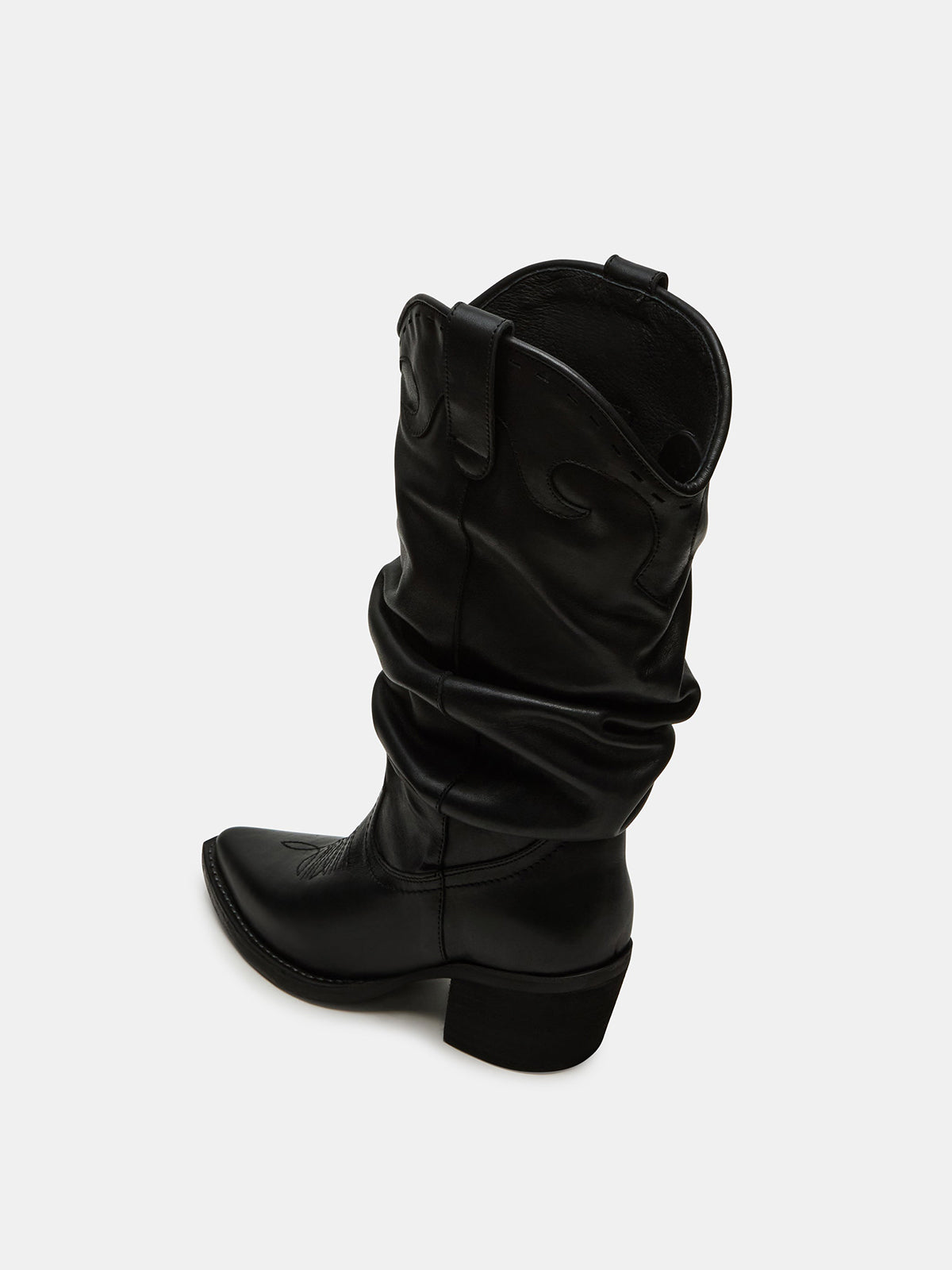 Black Pointed-Toe Scrunched Tall Knee High Wide Calf Cowgirl Boots