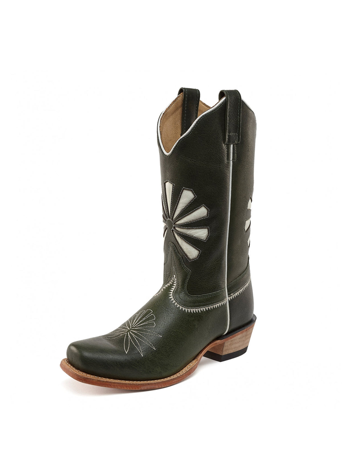 Black Snip-Toe Floral Embroidery Western Mid Calf Cowgirl Boots