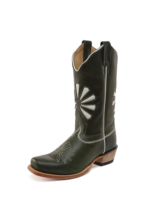 Black Snip-Toe Floral Embroidery Western Mid Calf Cowgirl Boots