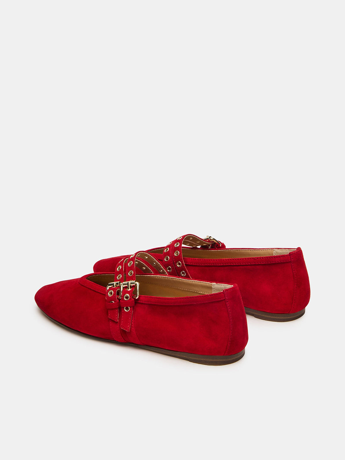 Red Faux Suede Square-Toe Double Bridge Straps Ballet Flats