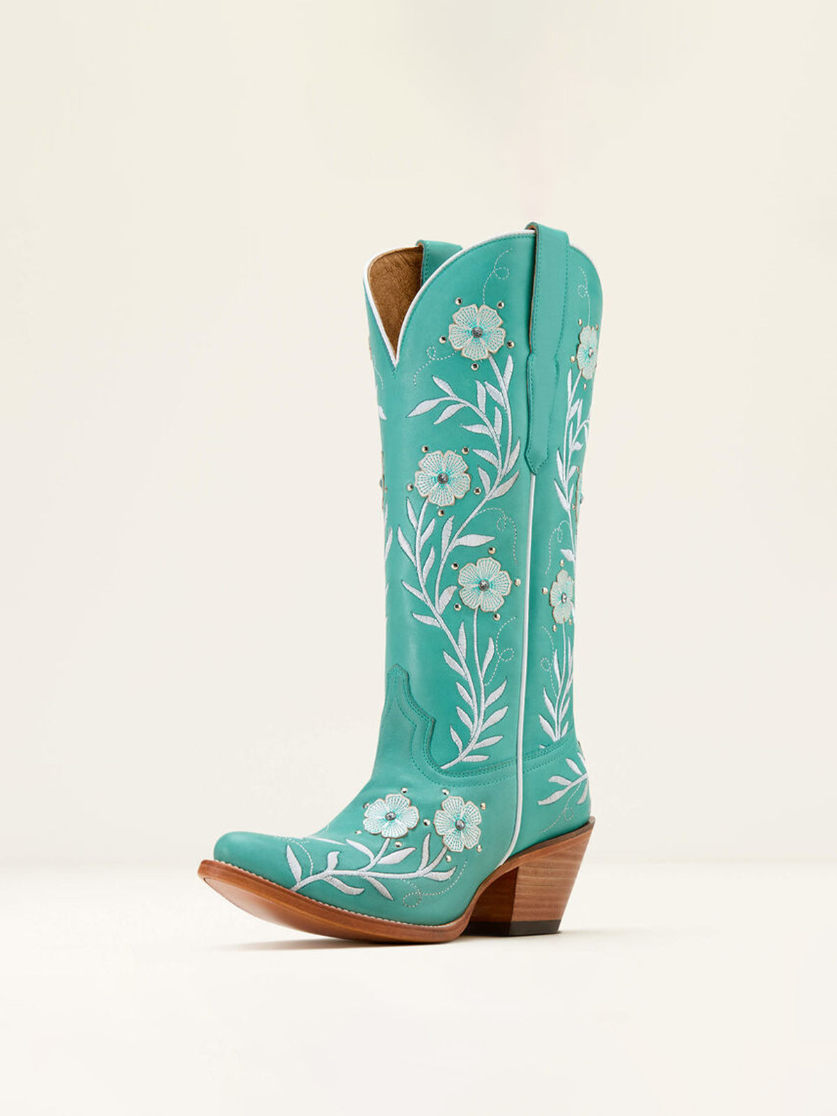 Turquoise Almond-Toe Flower Applique With Studs Mid Calf Embroidery Cowgirl Boots