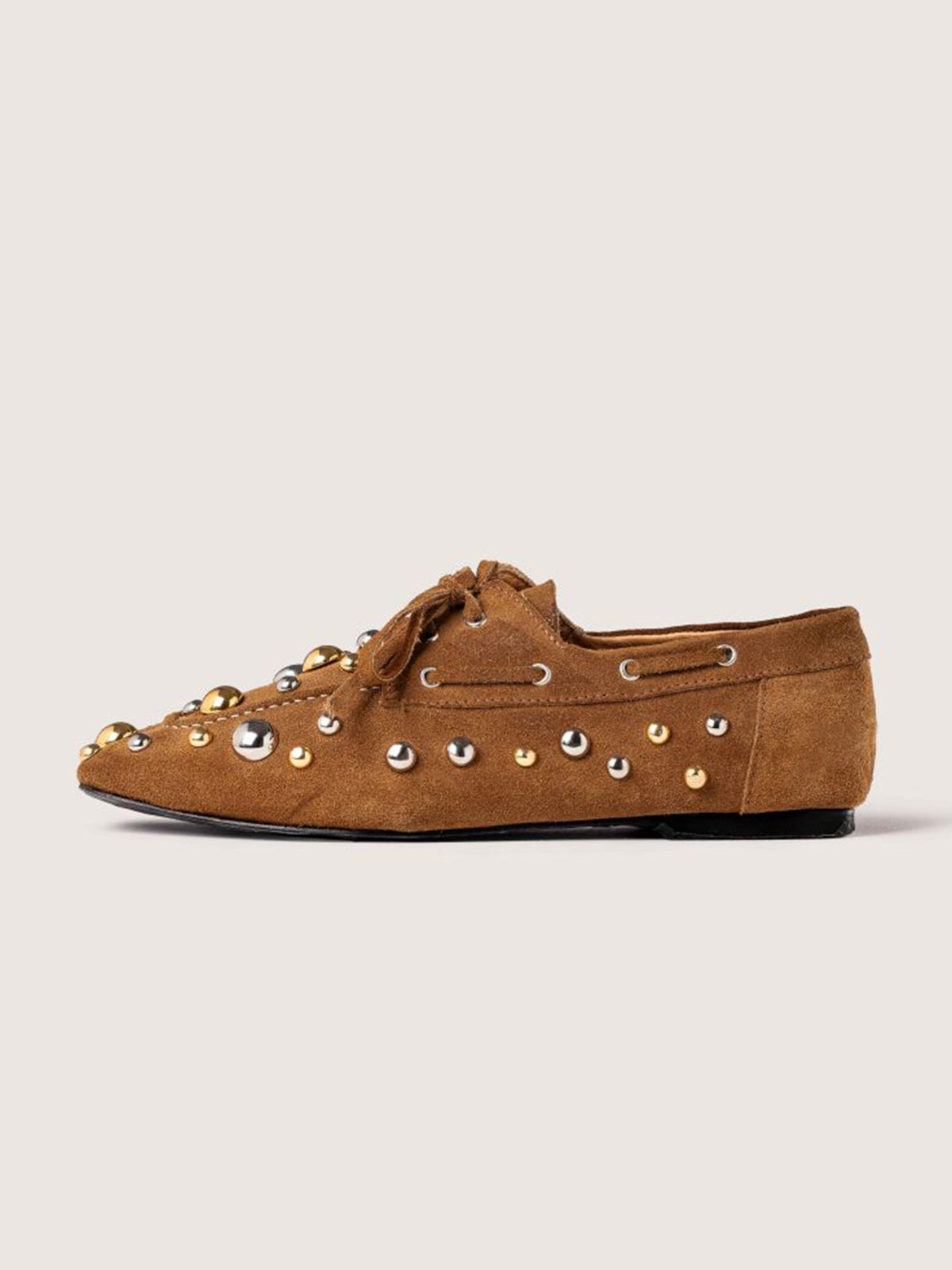 Brown Cow Suede Square-Toe Studs And Bow Flats
