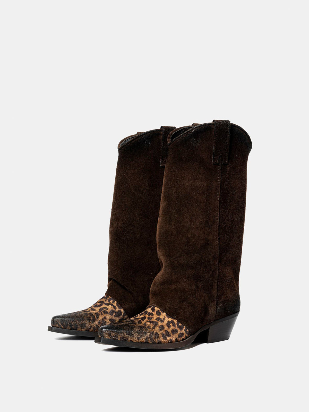 Contrast Dark Brown And Leopard Faux Suede Snip-Toe Simple Mid Calf Cowgirl Boots