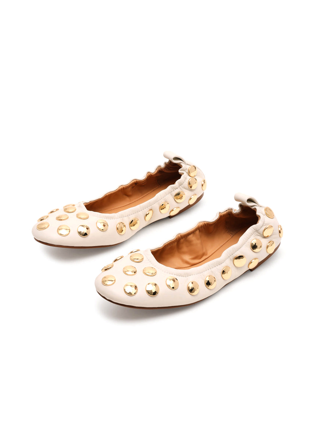 White Round-Toe Gold Studded Slip-On Ballet Flats