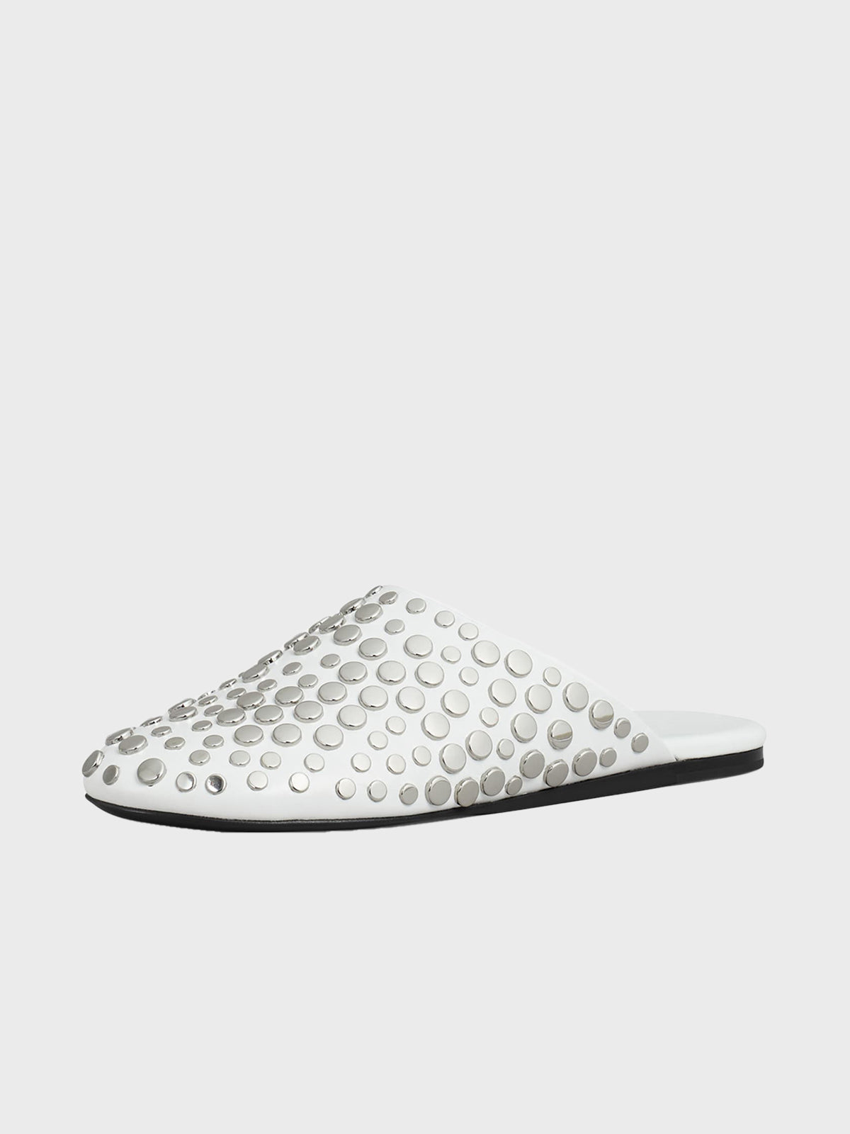 White Round-Toe Studded Mule Flats