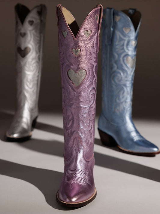 Metallic Pink Round-Toe Chic Hearts Inlay Wide Calf Knee High Cowgirl Boots