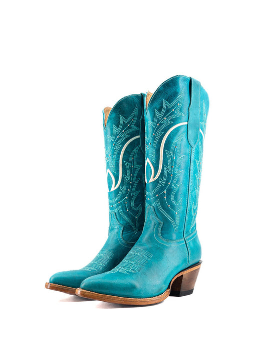 Turquoise Almond-Toe Embroidery With Studs Half-Zip Mid Calf Cowgirl Boots