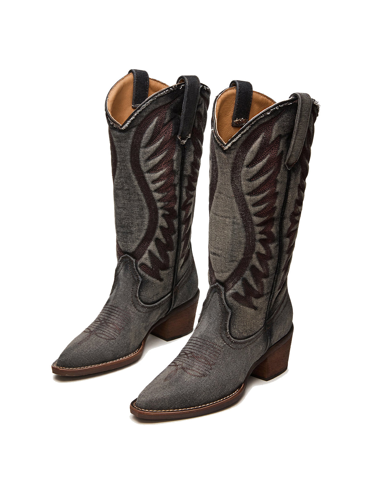Dark Gray Denim Pointed-Toe Wings Embroidery Mid Calf Cowgirl Boots