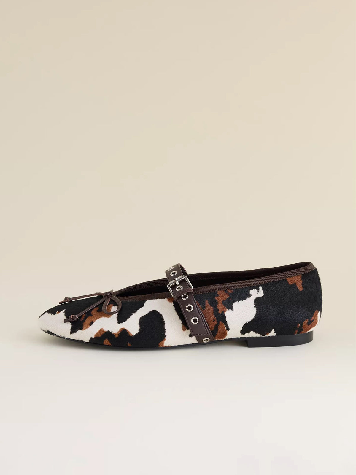 Cow Print Round-Toe Mary Jane Front Bow Ballet Flats