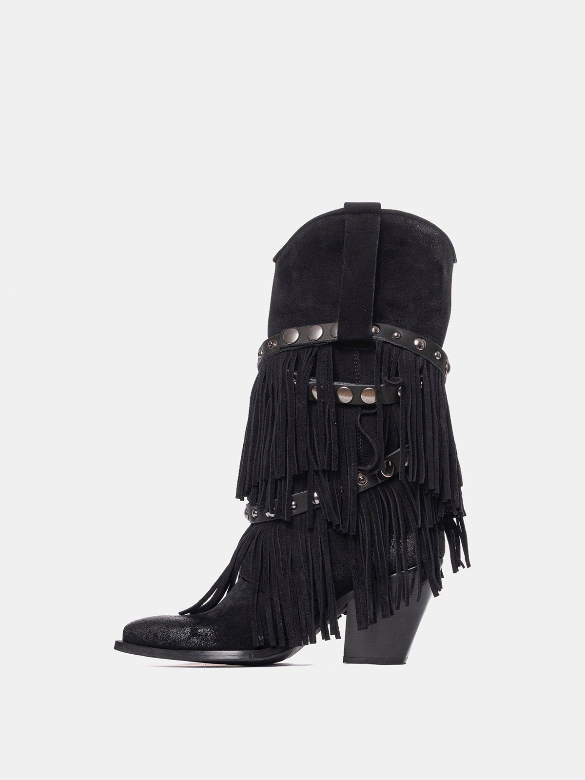 Black Faux Suede Snip-Toe Studded Straps Fringe Mid Calf Cowgirl Boots