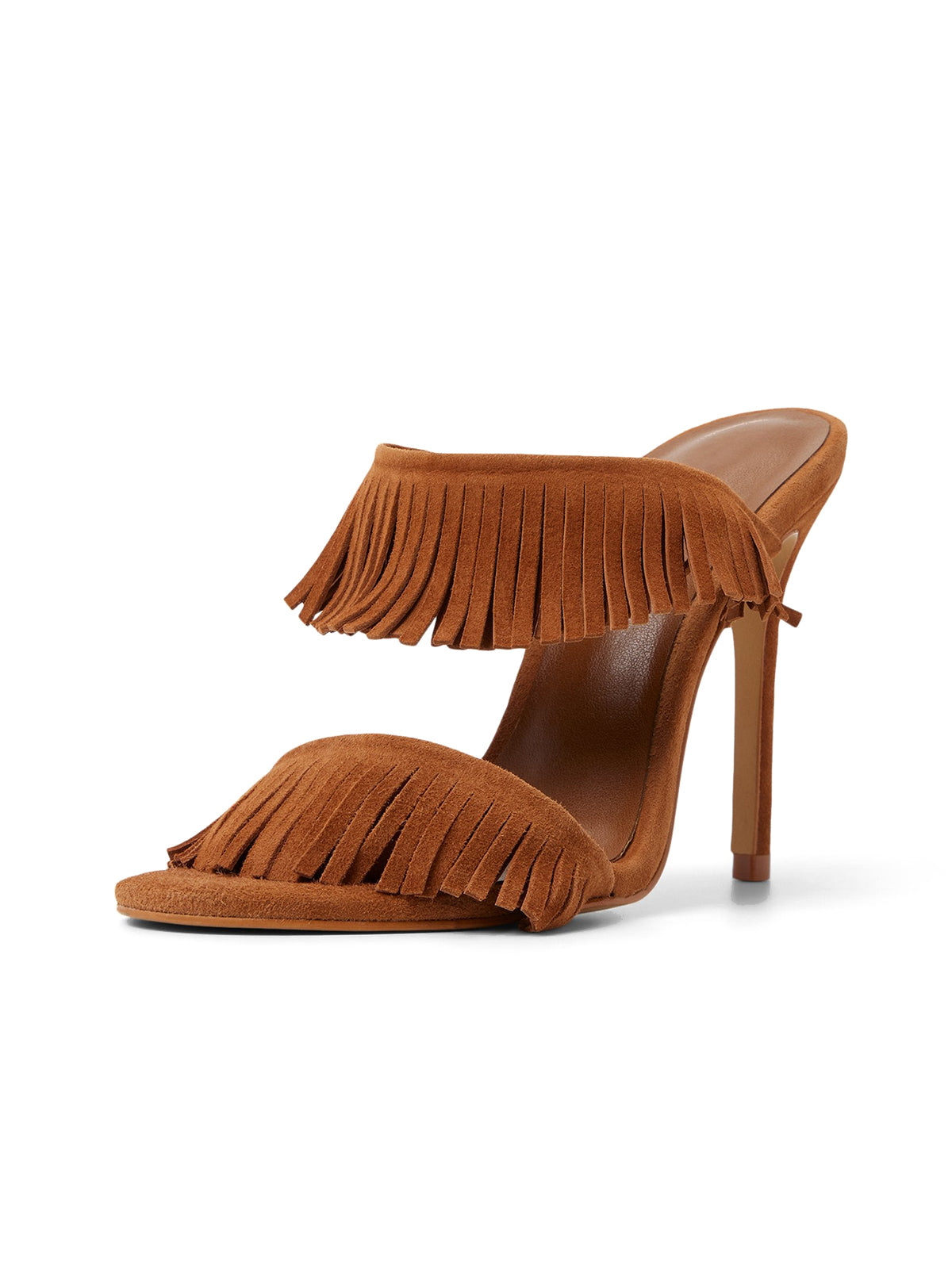 Brown Faux Suede Open Round-Toe Fringe High Heels