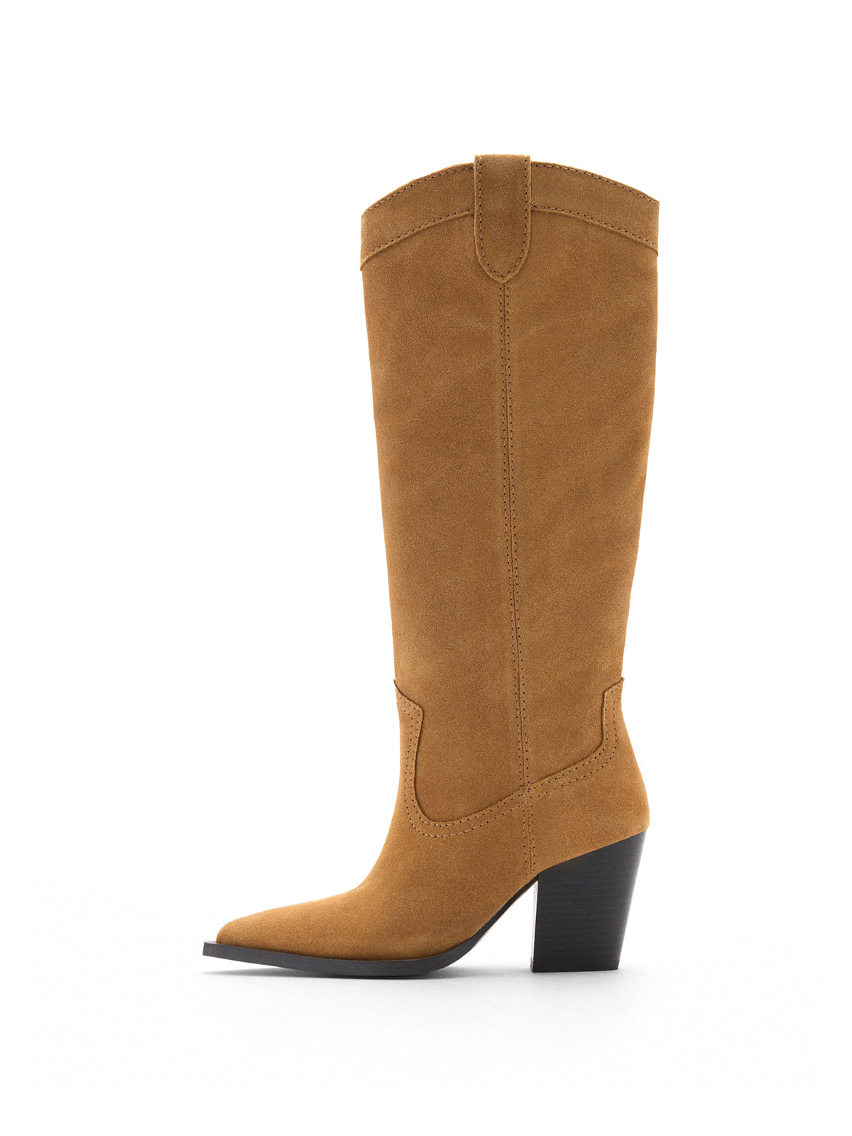 Brown Faux Suede Pointed-Toe Knee High Simple Wide Calf Cowgirl Boots