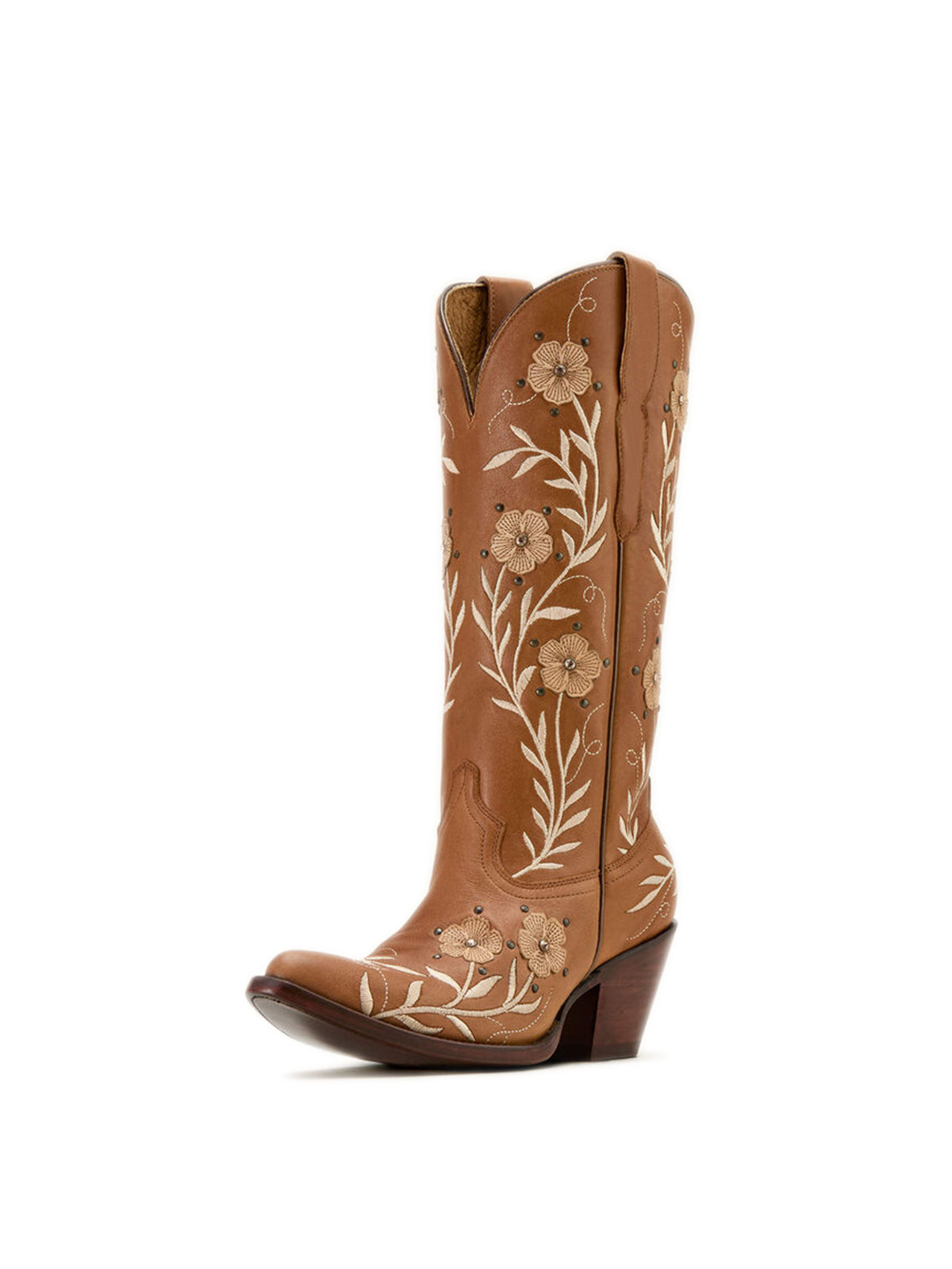 Tan Almond-Toe Flower Applique With Studs Mid Calf Embroidery Cowgirl Boots