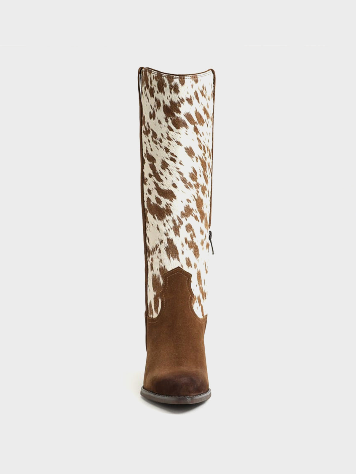 Pointed-Toe Chic Western Half-Zip Knee High Cowgirl Boots - Cow Pattern And Brown