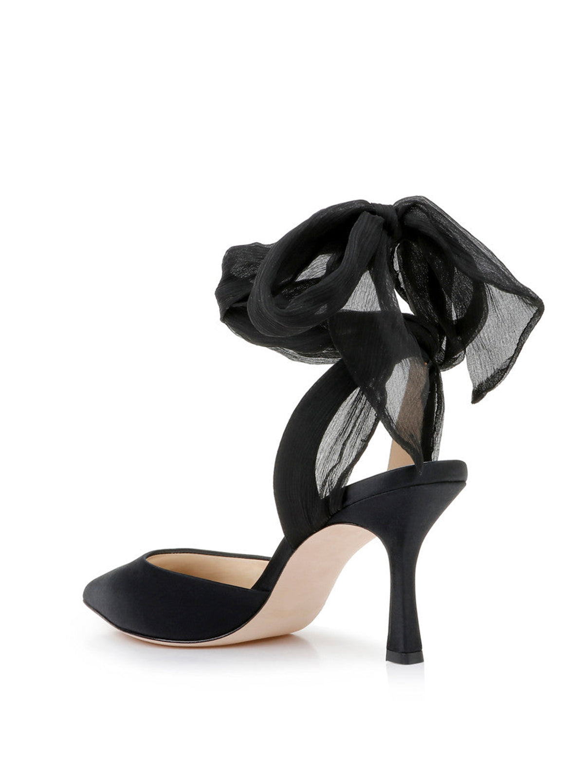 Black Satin Pointed-Toe Back Strap And Ankle Bow Strap High Heels