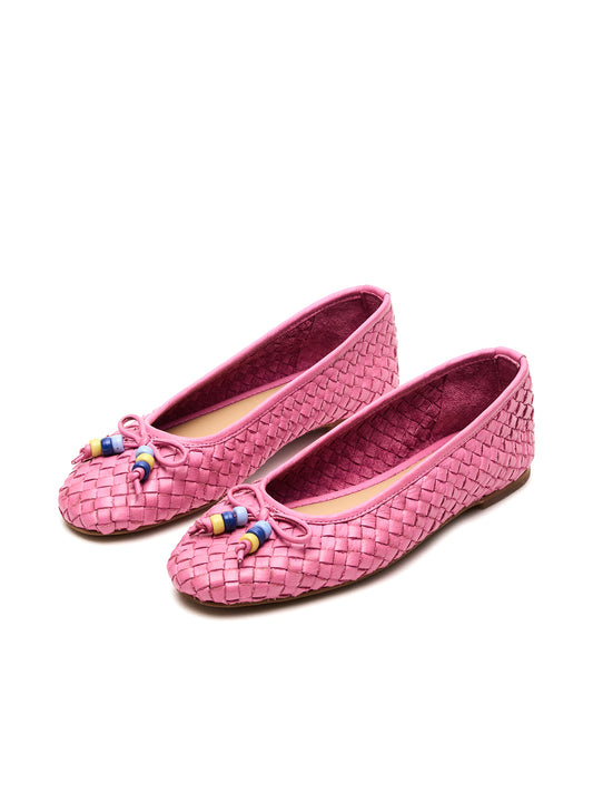 Pink Vegan Leather Woven Square-Toe Front Bow Slip-On Ballet Flats