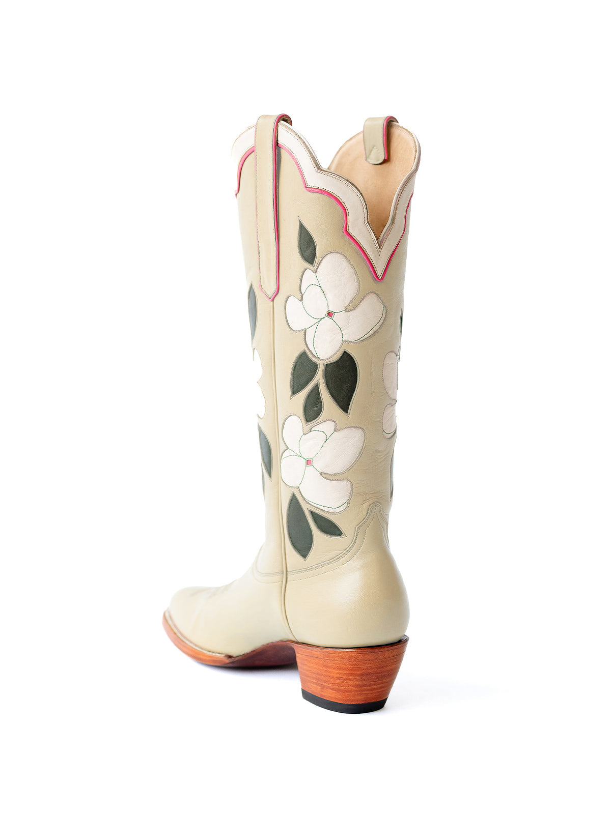 Cream Almond-Toe White Flower Inlay Wide Calf Knee High Cowgirl Boots