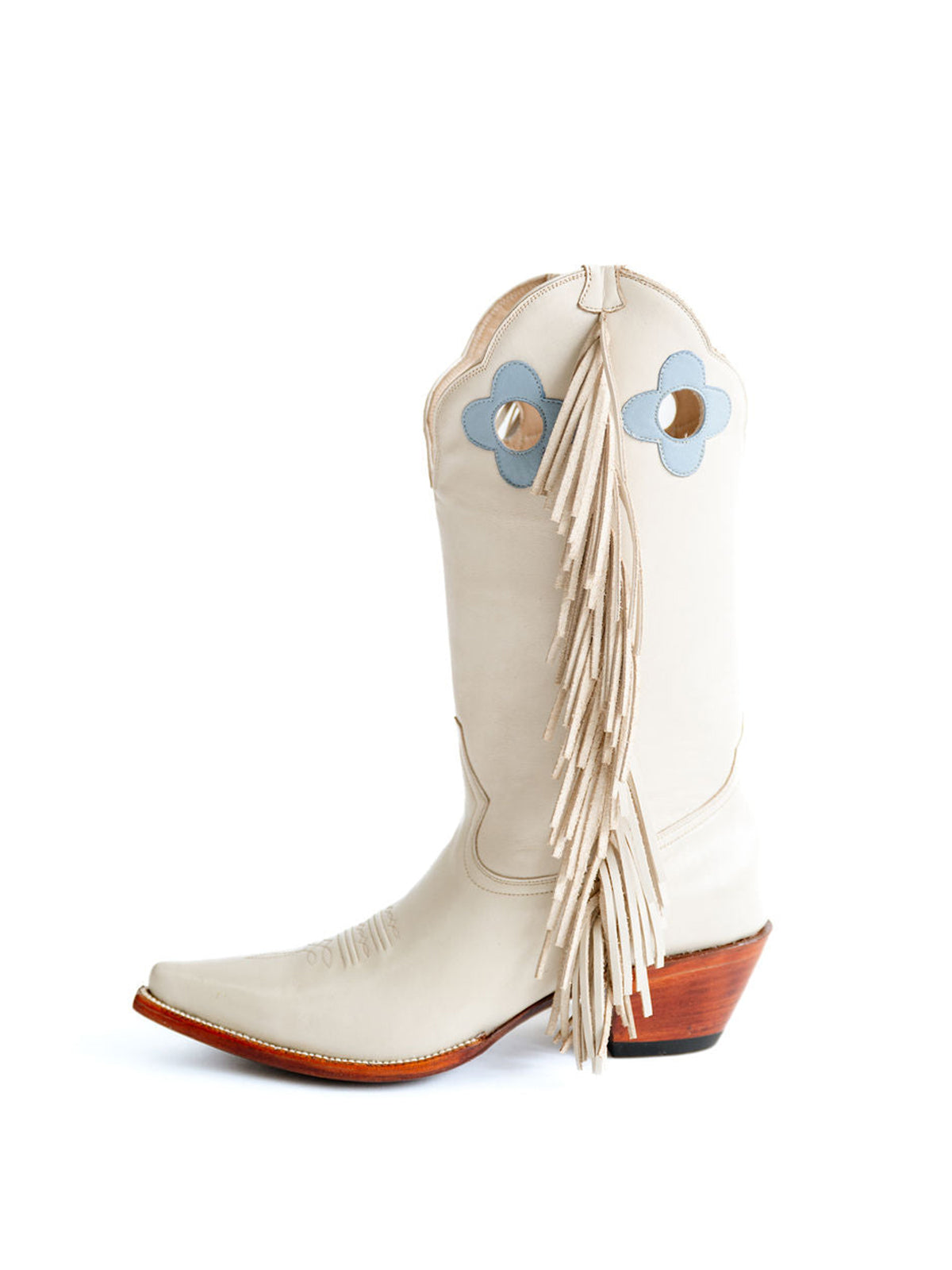 Bone Pointed-Toe Side Fringes And Cutout Mid Calf Cowgirl Boots