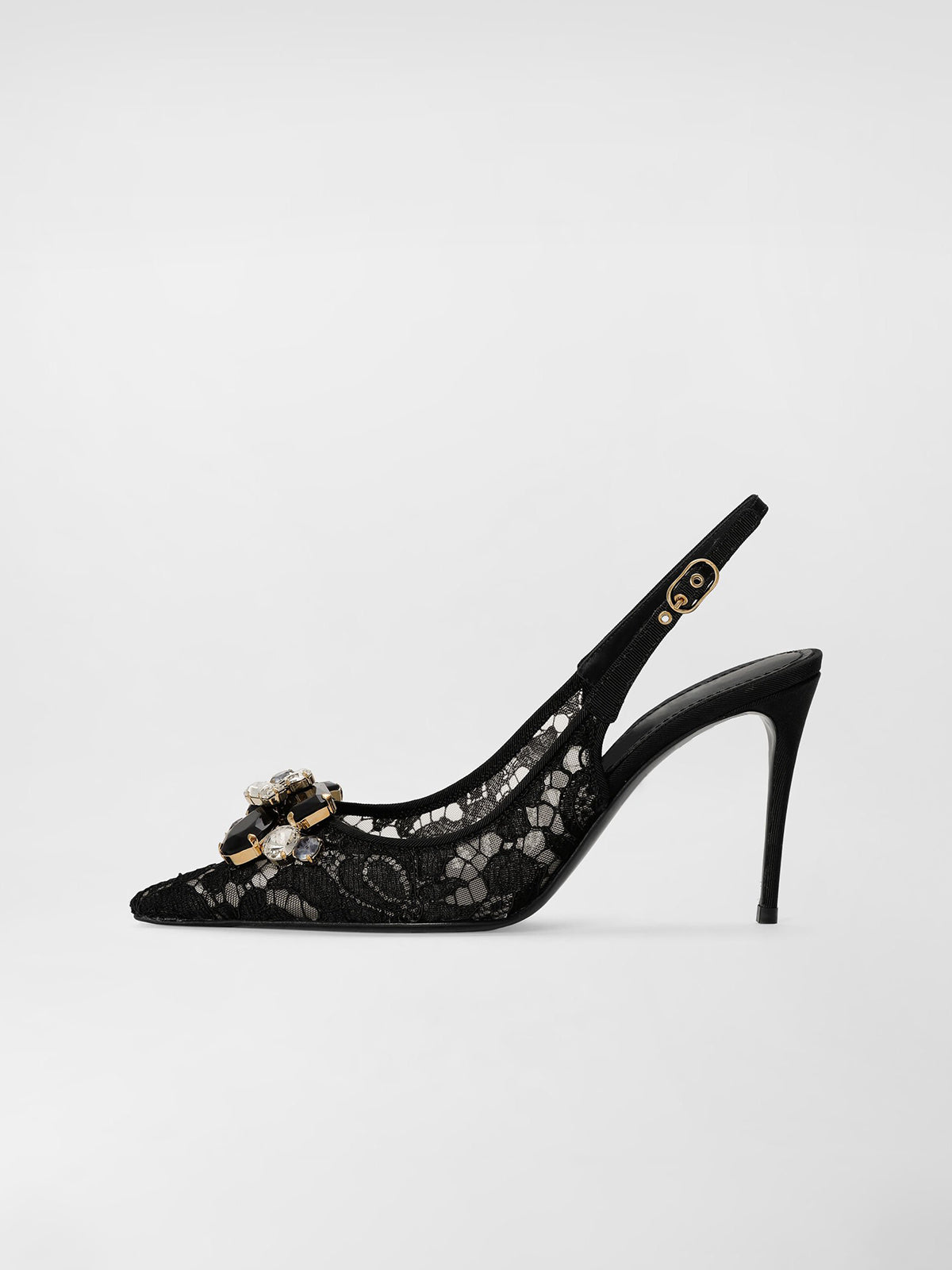 Black Lace Mesh Pointed-Toe Front Crystals Slingback High Heels Pumps