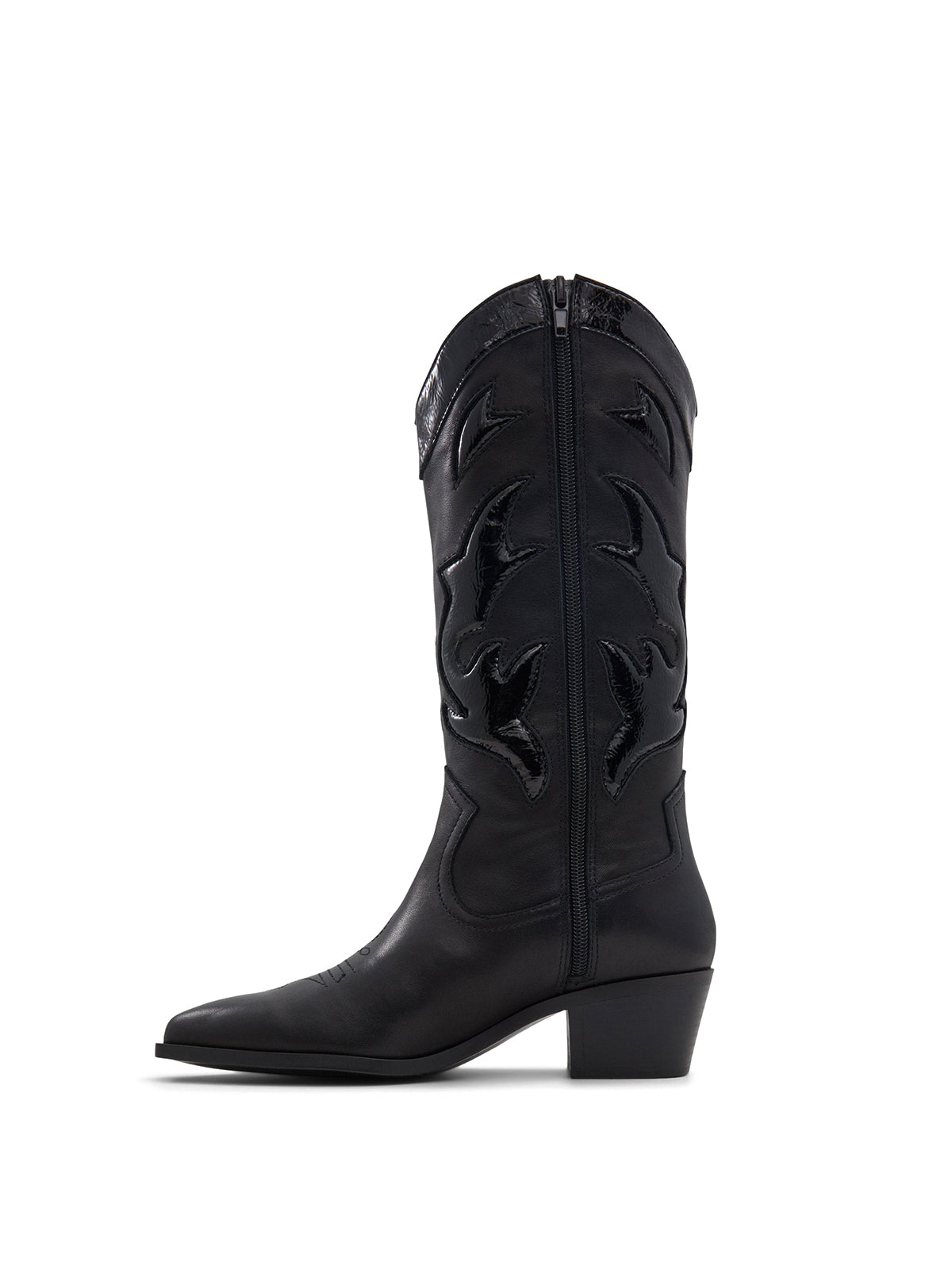 Black Pointed-Toe Padded Inlay Full-Zip Mid Calf Cowgirl Boots