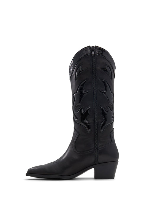 Black Pointed-Toe Padded Inlay Full-Zip Mid Calf Cowgirl Boots