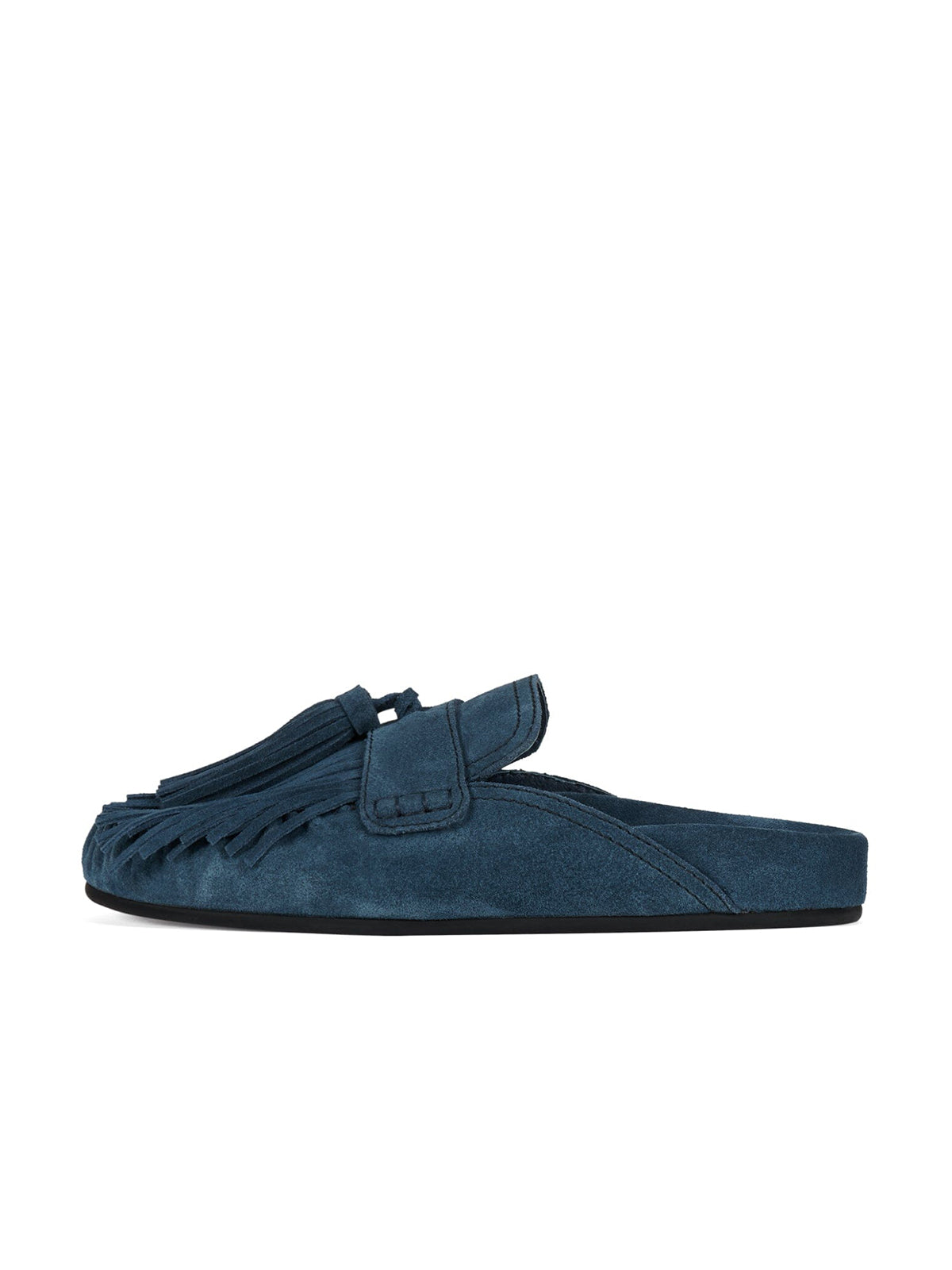 Blue Faux Suede Round-Toe Front Fringe Backless Slip-On Flats