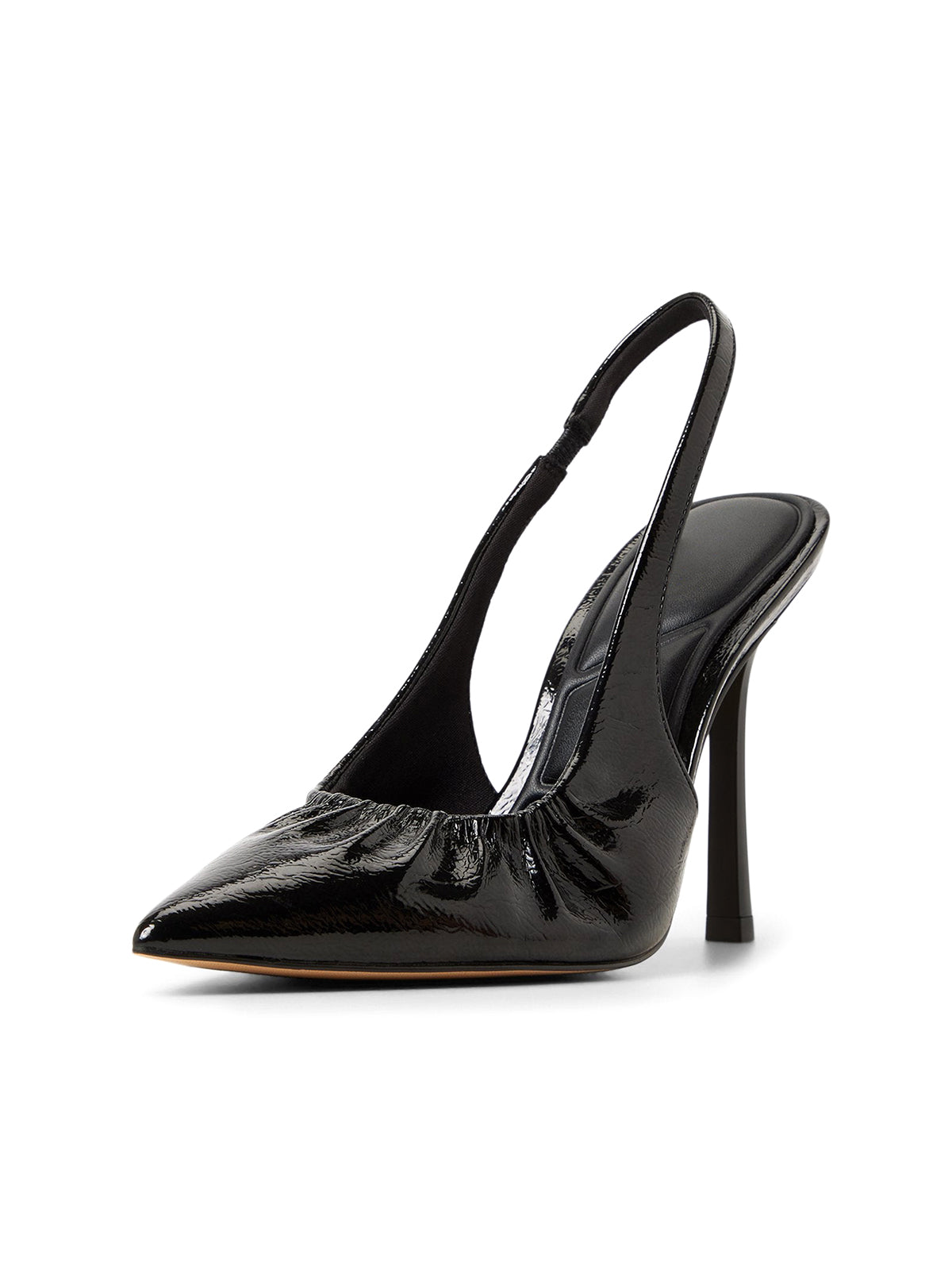 Patent Black Pointed-Toe Ruched Vamp Slingback High Heels