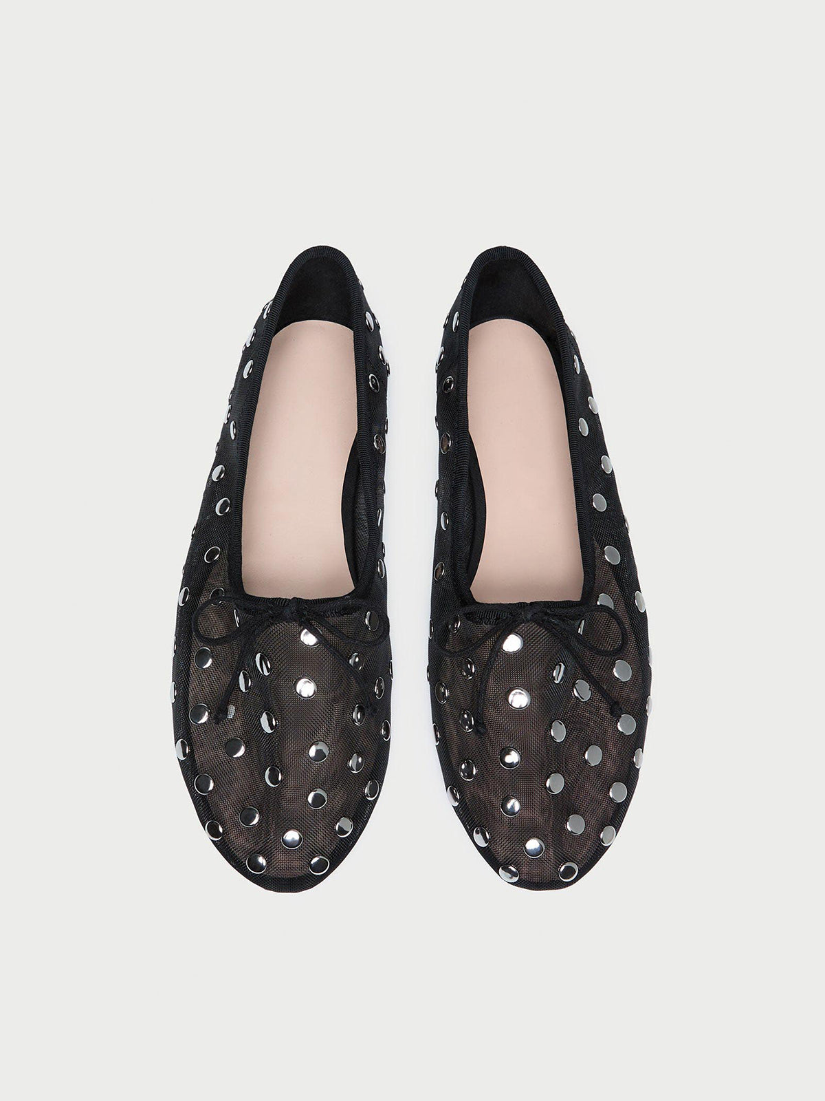 Black Mesh Round-Toe Front Bow Ballet Flats With Studs
