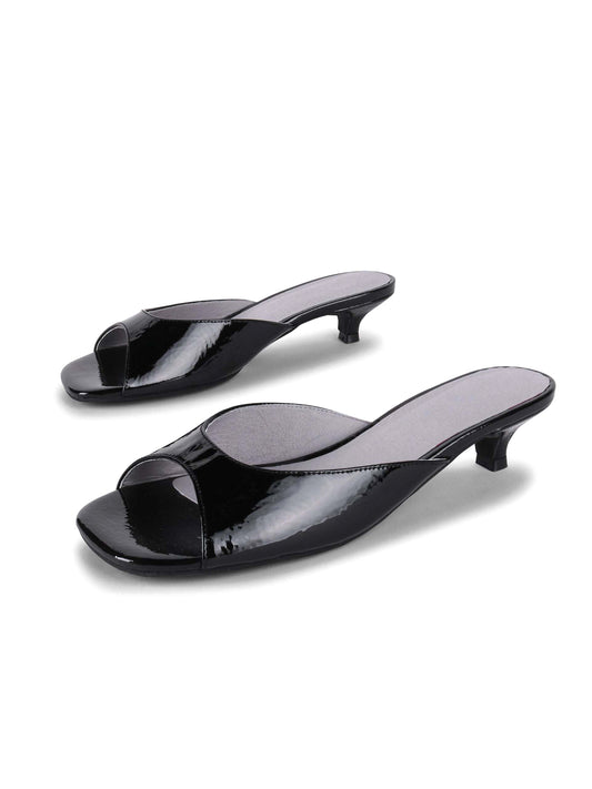 Patent Black Peep Square-Toe Backless Kitten Heels