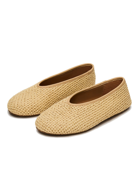 Simple Round-Toe Slip-On Ballet Flats - Natural