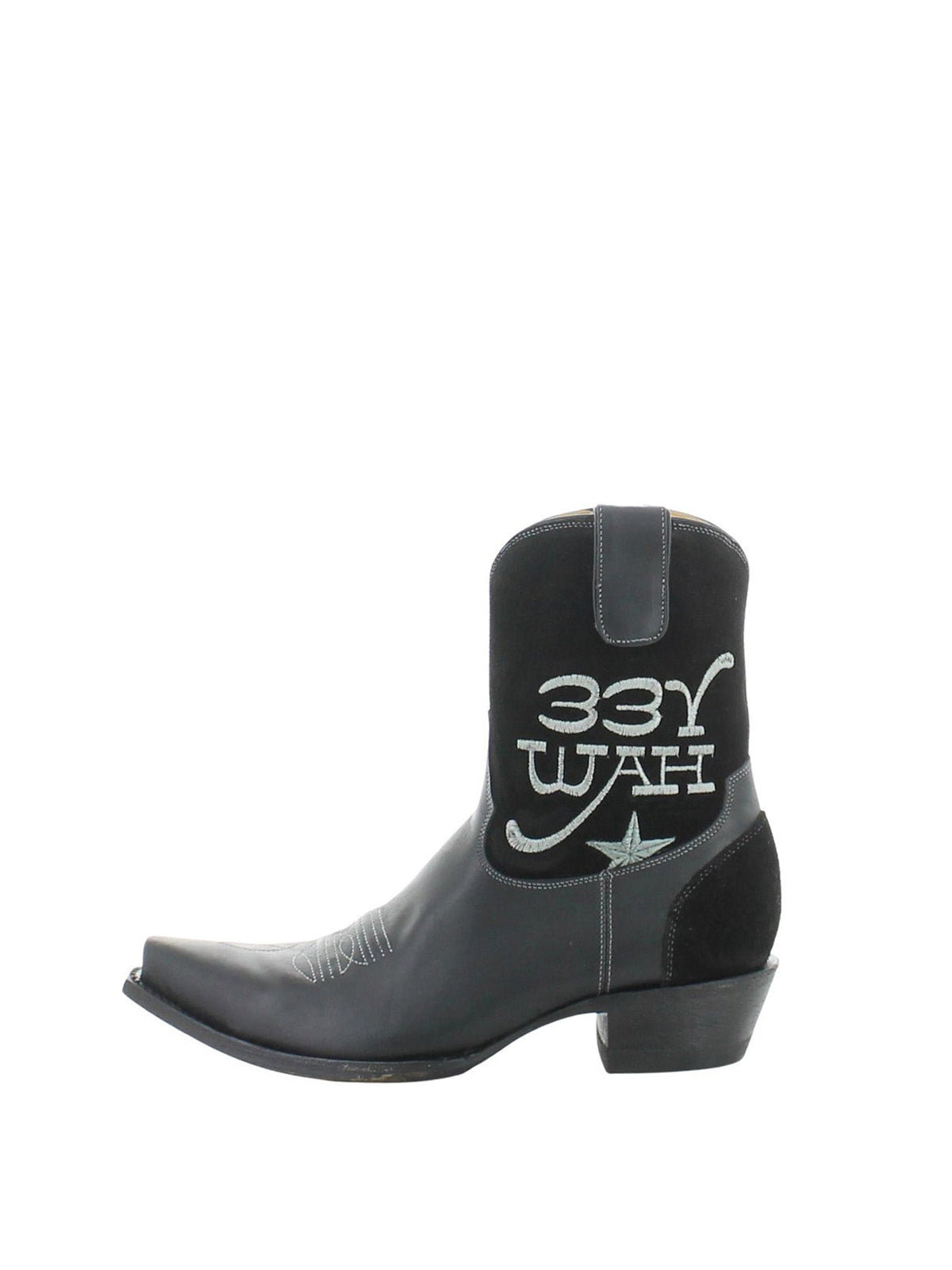 Black Snip-Toe Letters Embroidery Full-Zip Ankle Cowgirl Boots