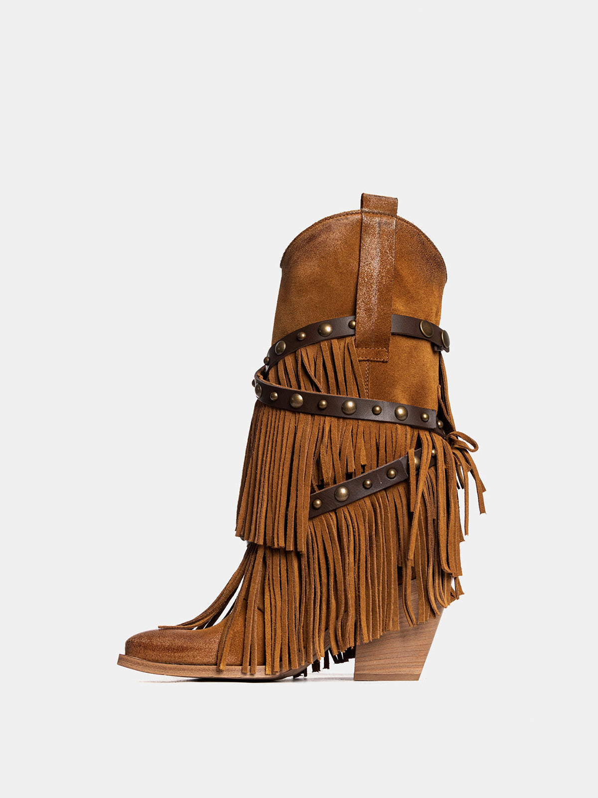 Tan Faux Suede Snip-Toe Studded Straps Fringe Mid Calf Cowgirl Boots