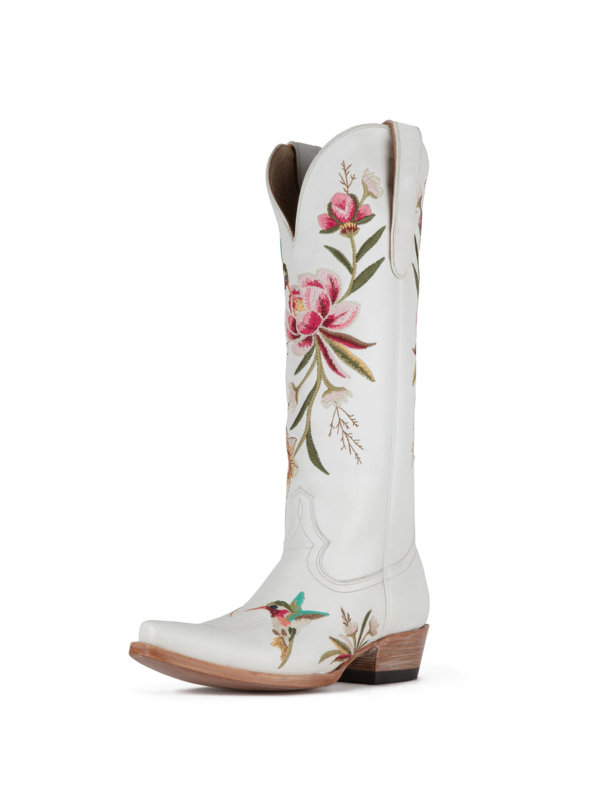 White Snip-Toe Vivid Flowers And Bird Embroidery Wide Calf Knee High Cowgirl Boots