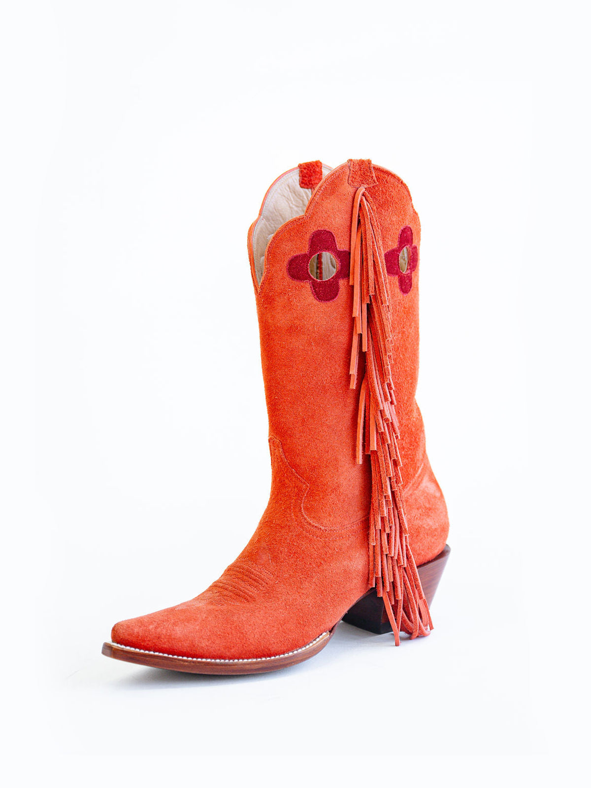 Red Pointed-Toe Side Fringes And Cutout Mid Calf Cowgirl Boots