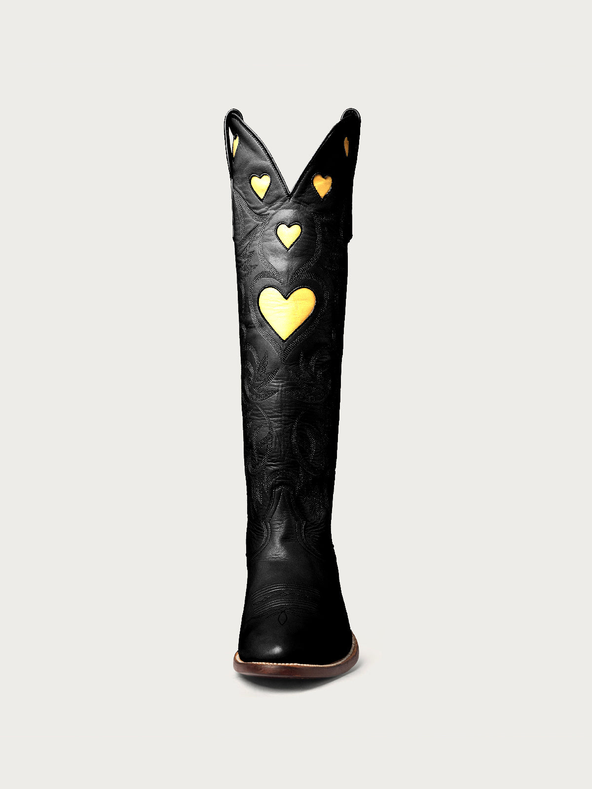 Gold Heart Inlay Embroidery Almond-Toe Tall Wide Knee High Cowgirl Boots - Black