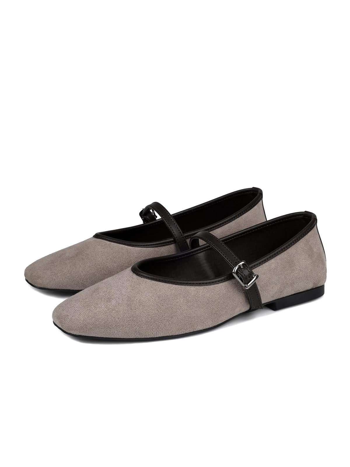 Light Taupe Faux Suede Square-Toe Buckle Bridge Strap Classic Ballet Flats