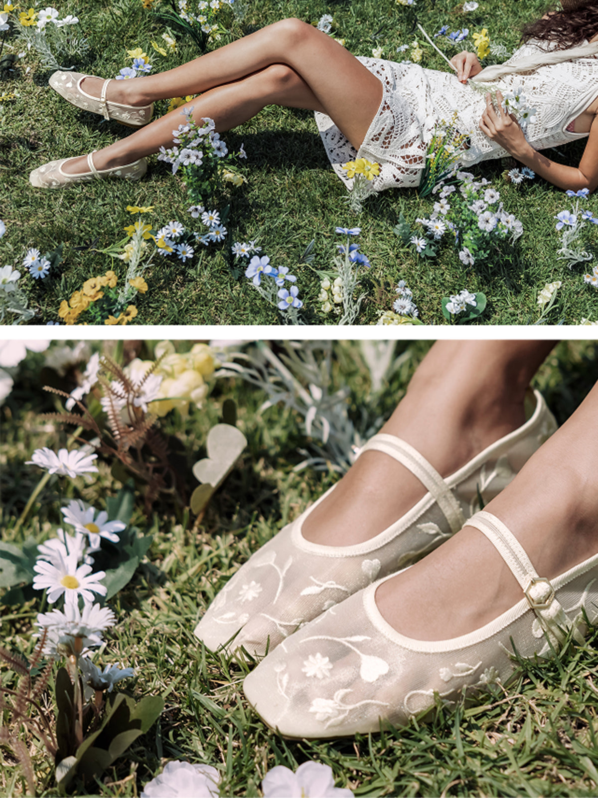 Mesh And Satin Square-Toe Floral Embroidery Mary Jane Flats - Cream
