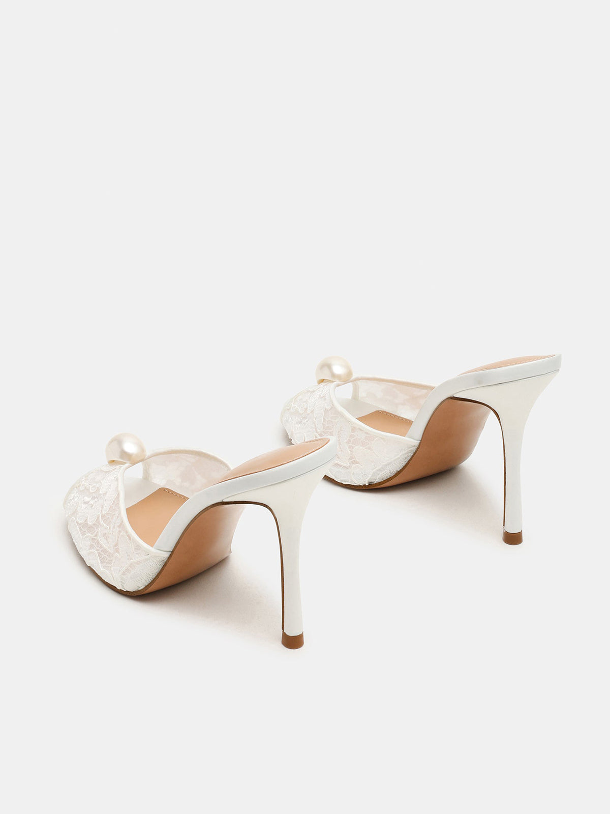 White Lace Mesh Peep Round-Toe Backless Slip-On High Heels