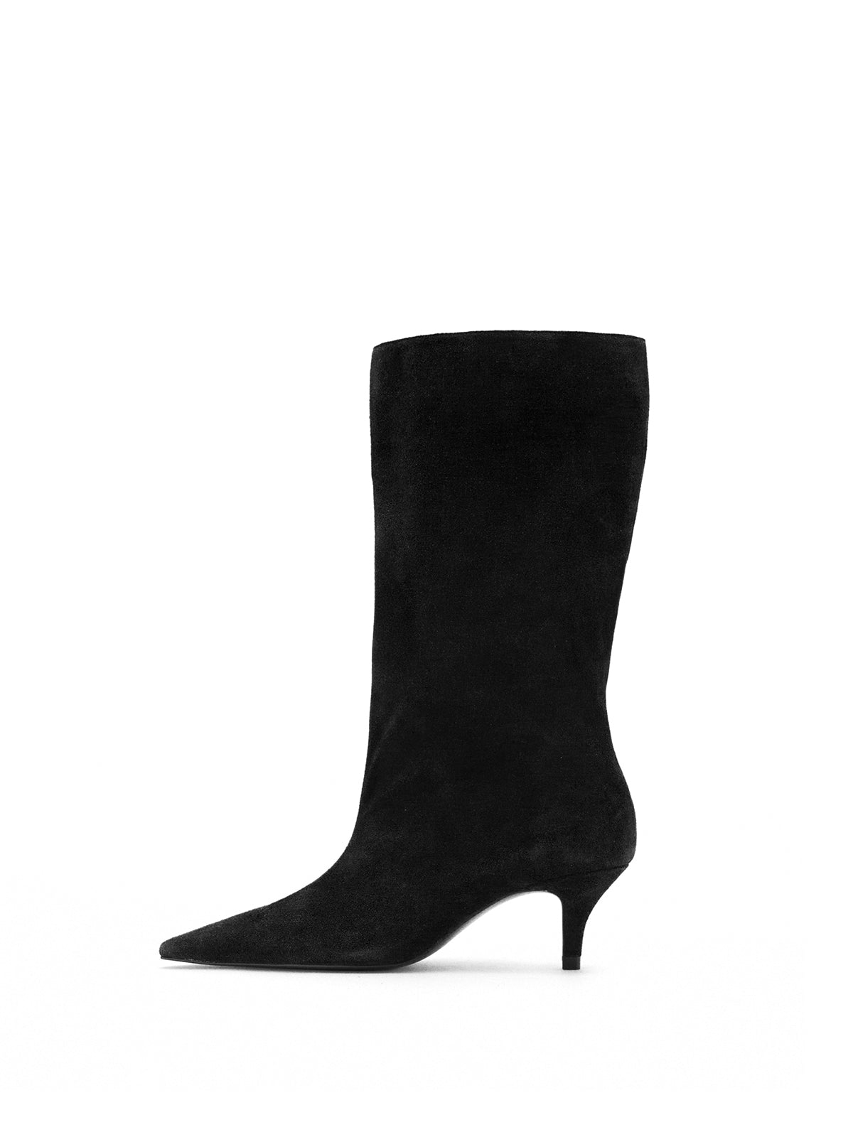 Black Faux Suede Pointed-Toe Slip-On Mid Calf Stiletto Boots