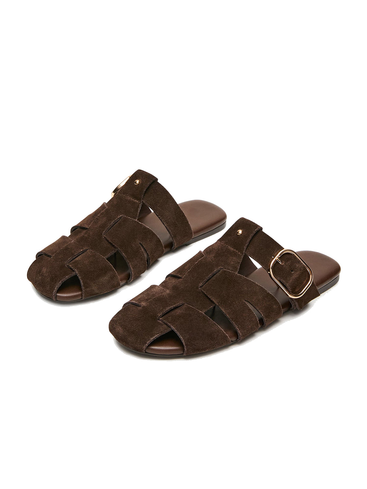 Brown Faux Suede Round-Toe Caged Design Mules Flats