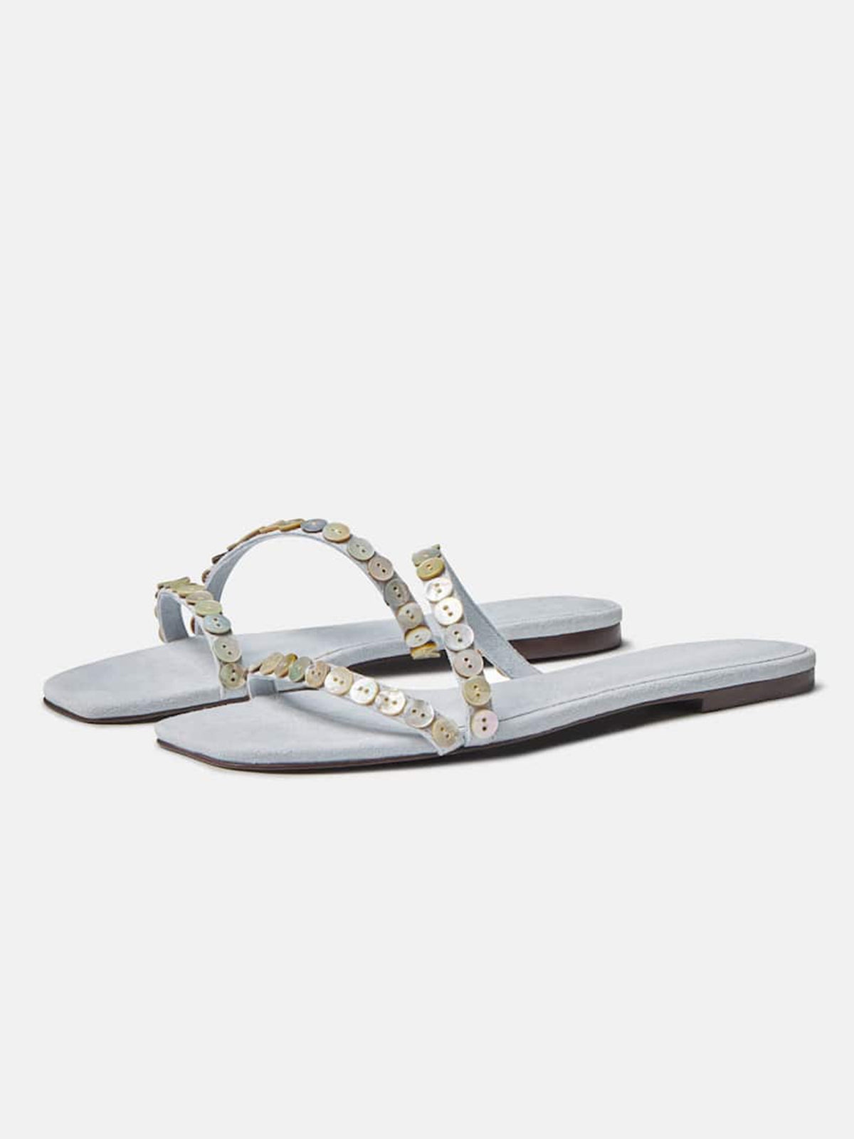 Gray Faux Suede Square-Toe Double Straps With Button Embellishments Flat Sandals