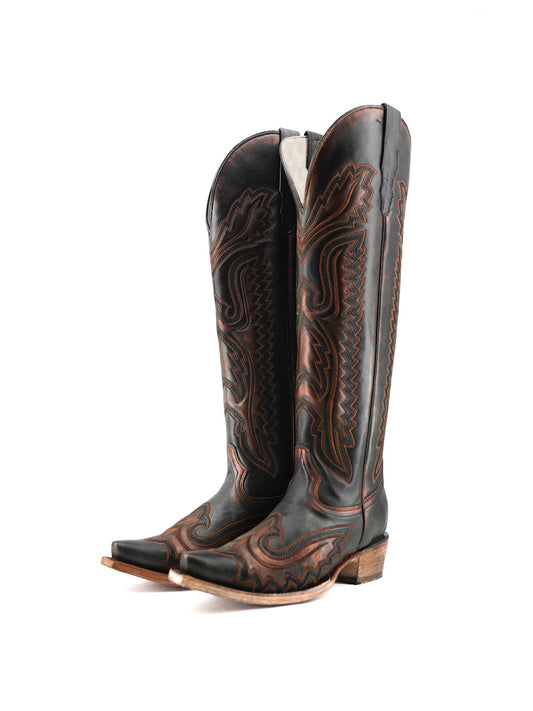 Black Snip-Toe Chic Embroidery Bronze Detail Half-Zip Knee High Cowgirl Boots