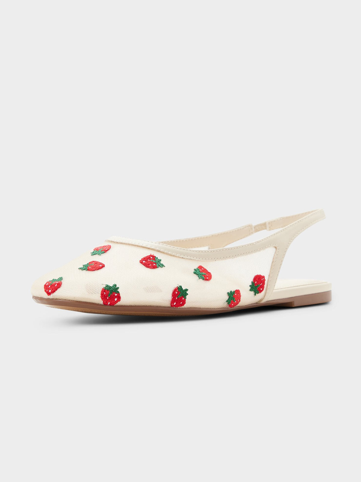Cream Mesh Round-Toe Strawberry Embroidery Chic Back Strap Flats