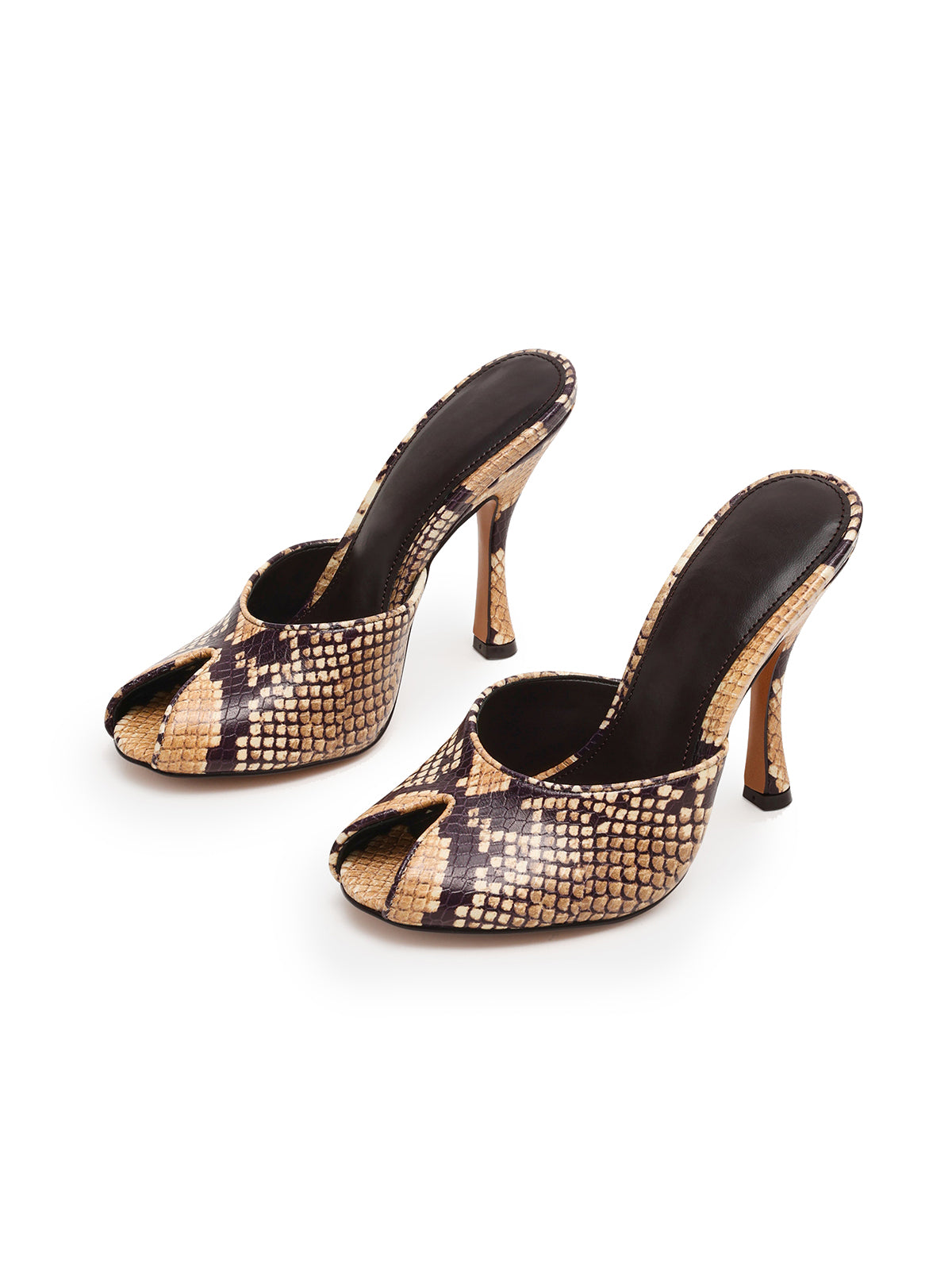 Snakeskin Print Peep Round-Toe Slip-On Backless Mules High Heels