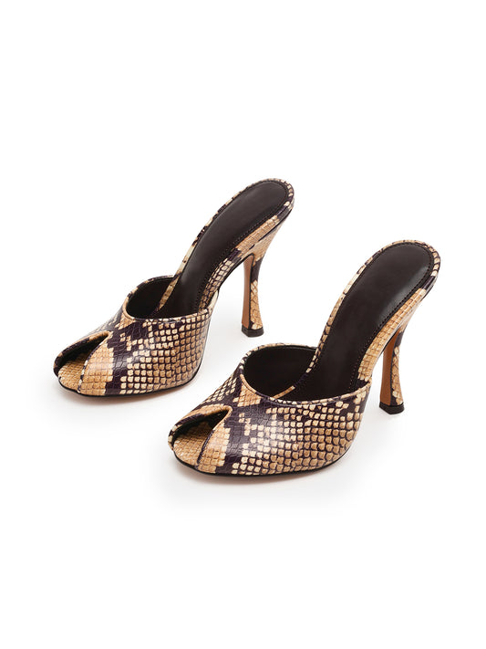 Snakeskin Print Peep Round-Toe Slip-On Backless Mules High Heels