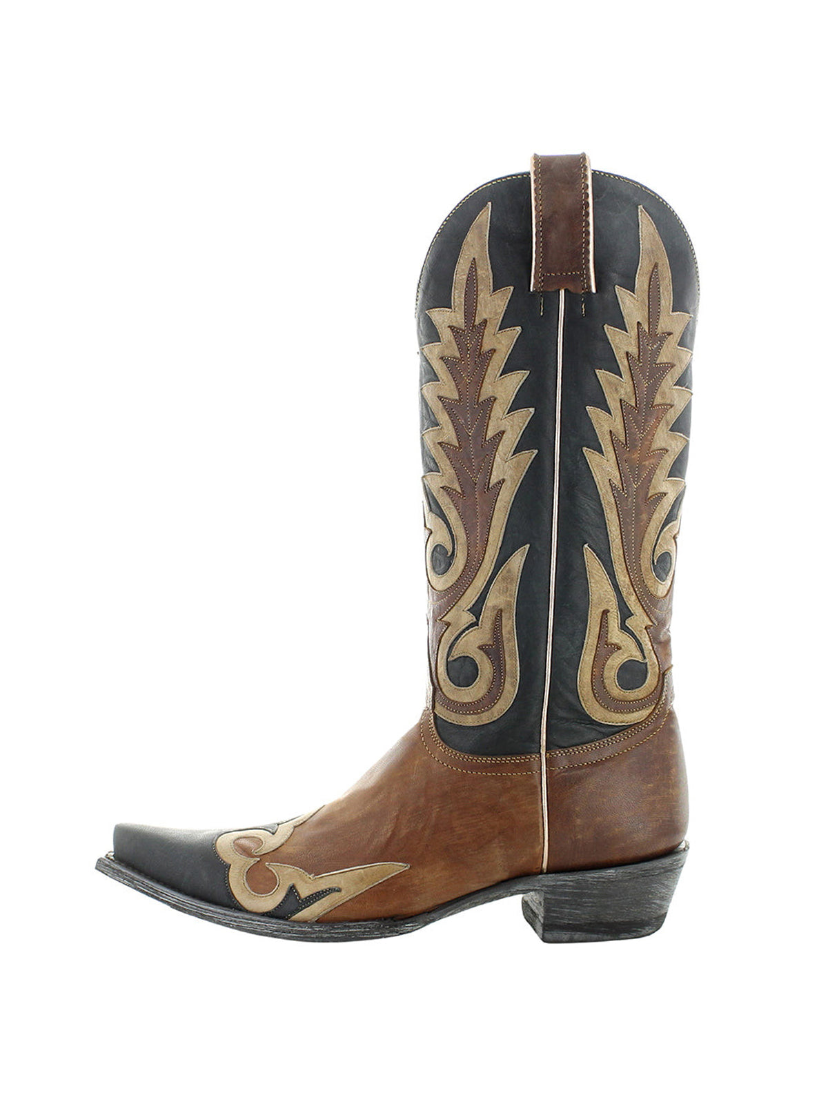 Contrast Double Color Snip-Toe Stitch And Applique Mid Calf Cowgirl Boots