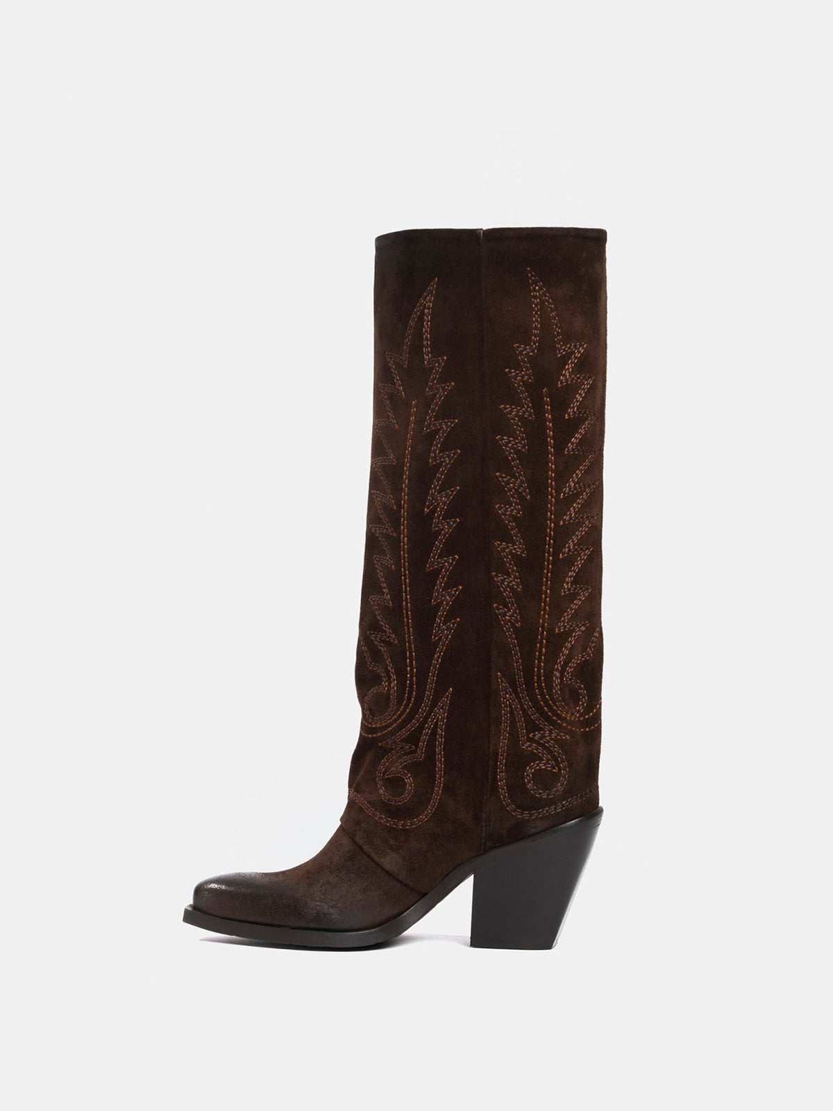 Dark Brown Snip-Toe Faux Suede Classic Embroidery Mid Calf Cowgirl Boots