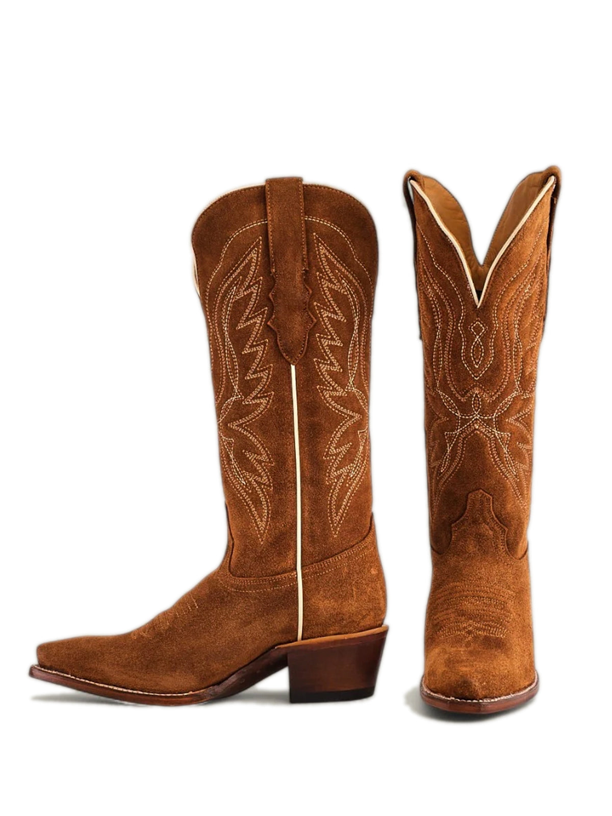 Tall Knee High Snip-Toe Embroidery Wide Calf Cowgirl Boots - Caramel Faux Suede