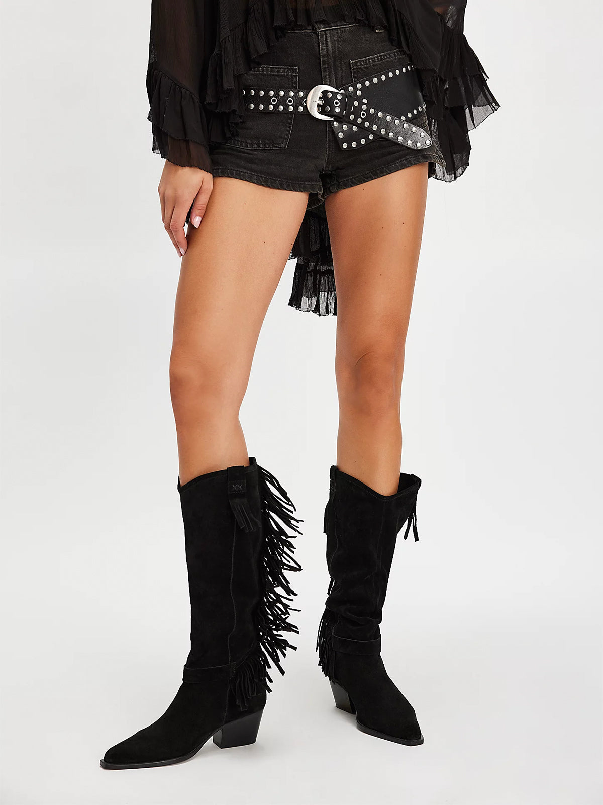 Black Faux Suede Pointed-Toe Fringe Wide Calf Knee High Cowgirl Boots